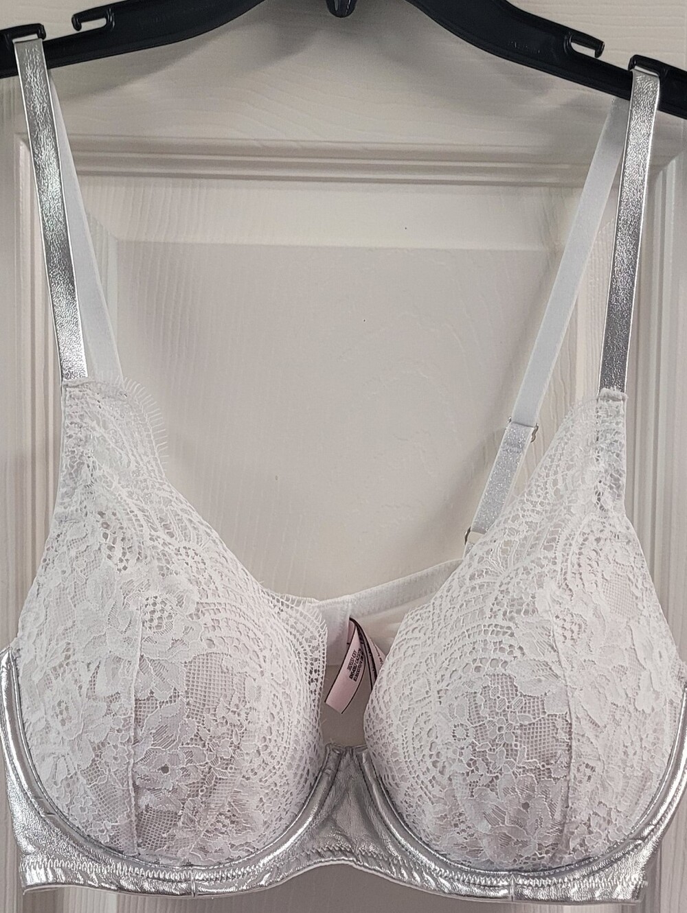 Victoria's Secret White Lace Underwire Bra with Faux  Silver Leather